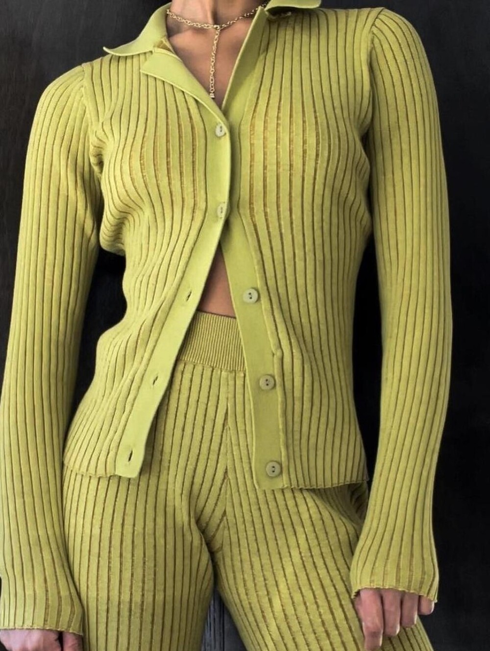 Hinge + Honey Chartreuse Ribbed Knit Bell Cuff Button Cardigan Y2K L